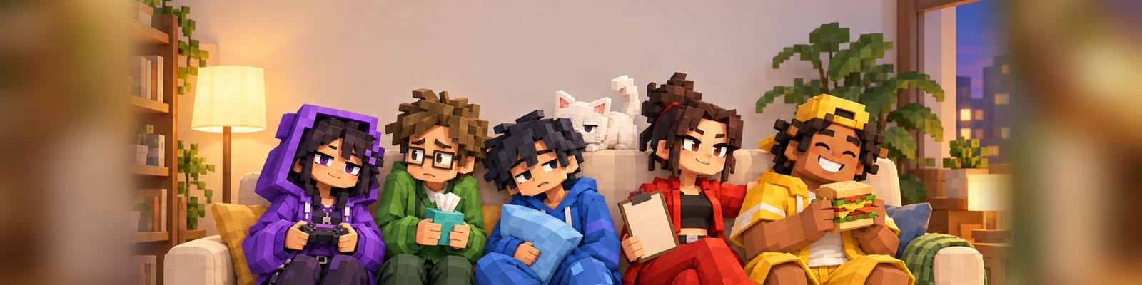 The five roommates and their cat sitting on a sofa